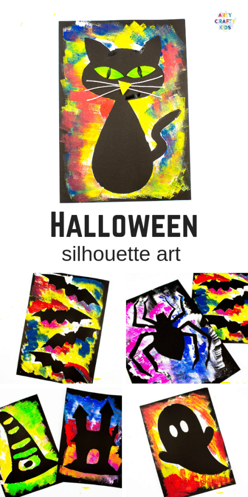 Arty Crafty Kids | Silhouette Halloween Art for Kids. Choose from a selection of Halloween Template to create brightly coloured works of art! #kidsart #kidscraft #halloweenartforkids #halloween #halloweencrafts