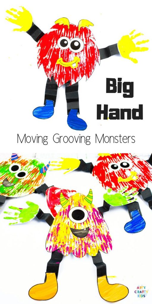 Arty Crafty Kids | Big Hand Paper Monster Craft - Add your Arty Crafty Kids handprint to create a moving grooving Big Hand Monster! A fun and playful monster craft for Halloween, with a choice of 4 monster templates.