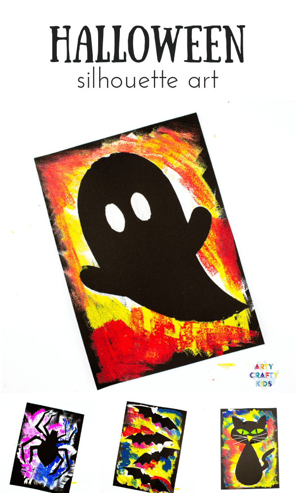 Arty Crafty Kids | Silhouette Halloween Art for Kids. Choose from a selection of Halloween Template to create brightly coloured works of art! #kidsart #kidscraft #halloweenartforkids #halloween #halloweencrafts
