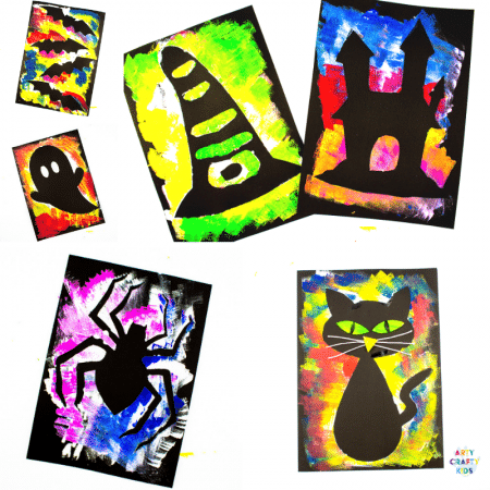 Arty Crafty Kids | Silhouette Halloween Art for Kids. Choose from a selection of Halloween Template to create brightly coloured works of art! #kidsart #kidscraft #halloweenartforkids #halloween #halloweencrafts