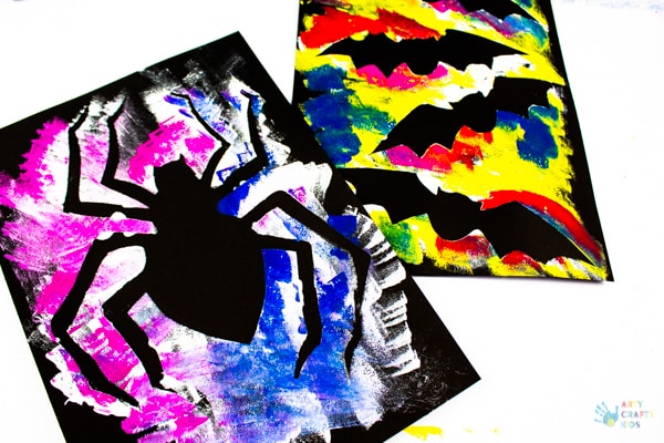 Arty Crafty Kids | Silhouette Halloween Art for Kids. Choose from a selection of Halloween Template to create brightly coloured works of art! #kidsart #kidscraft #halloweenartforkids #halloween #halloweencrafts