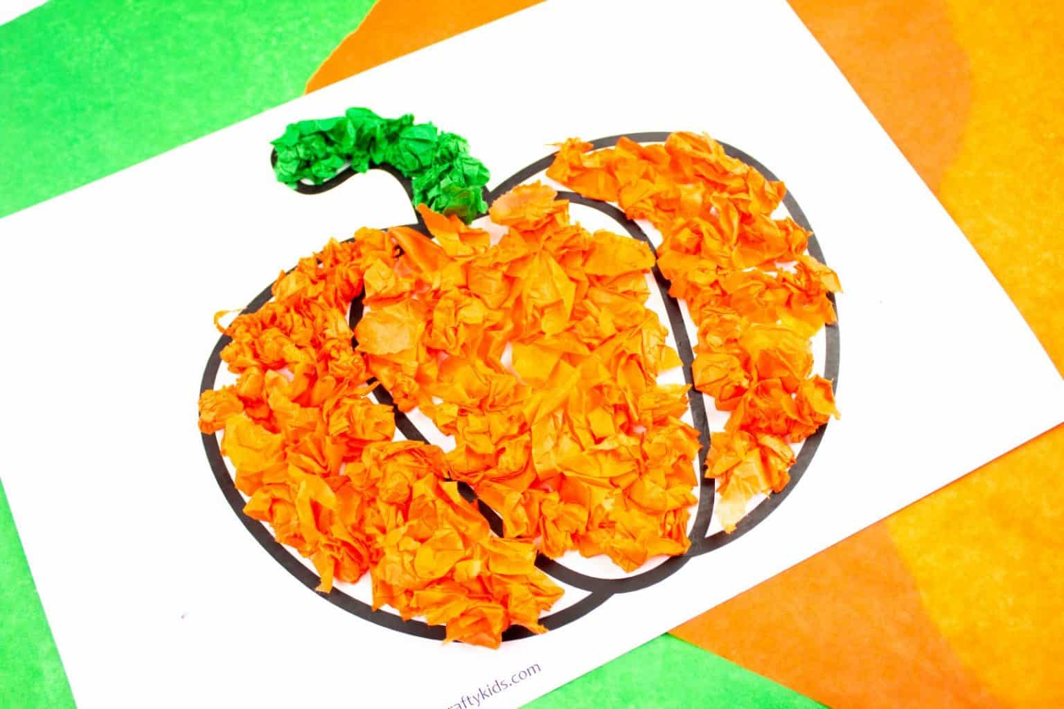 Arty Crafty Kids - Tissue Paper Pumpkin Craft for kids. A sweet Autumn or Halloween craft that's great for developing fine motor skills! #pumpkin #preschool #preschoolcraft #easykidscraft #craftsforkids #finemotor