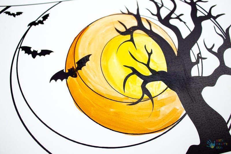 Arty Crafty Kids - Spooky Tree Circle Art for Halloween. Explore cool and warm shades with this simple template design. Perfect Art Project for kids exploring colour mixing and colour shades #artforkids #kidsart #halloween