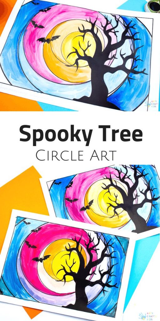 Arty Crafty Kids - Spooky Tree Circle Art for Halloween. Explore cool and warm shades with this simple template design. Perfect Art Project for kids exploring colour mixing and colour shades #artforkids #kidsart #halloween