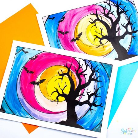 Arty Crafty Kids - Spooky Tree Circle Art for Halloween. Explore cool and warm shades with this simple template design. Perfect Art Project for kids exploring colour mixing and colour shades #artforkids #kidsart #halloween