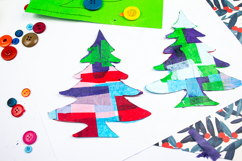 Arty Crafty Kids | 3D Printable Christmas Tree Craft - A fun paper Christmas tree craft for kids. Download, print and decorate with tissue paper, buttons and fingerprints! #printable #christmascraft #kidscrafts #christmas #papercraft #kids