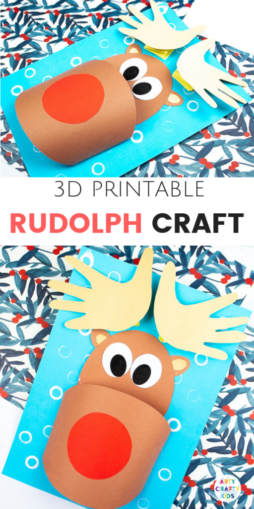 Arty Crafty Kids | 3D Printable Rudolph Craft for Kids. Play with shapes and dimension to create a cool 3D Reindeer with bouncy handprint antler! A fun and engaging Christmas craft for kids #christmas #printable #papercraft #christmascrafts #kids #kidscrafts