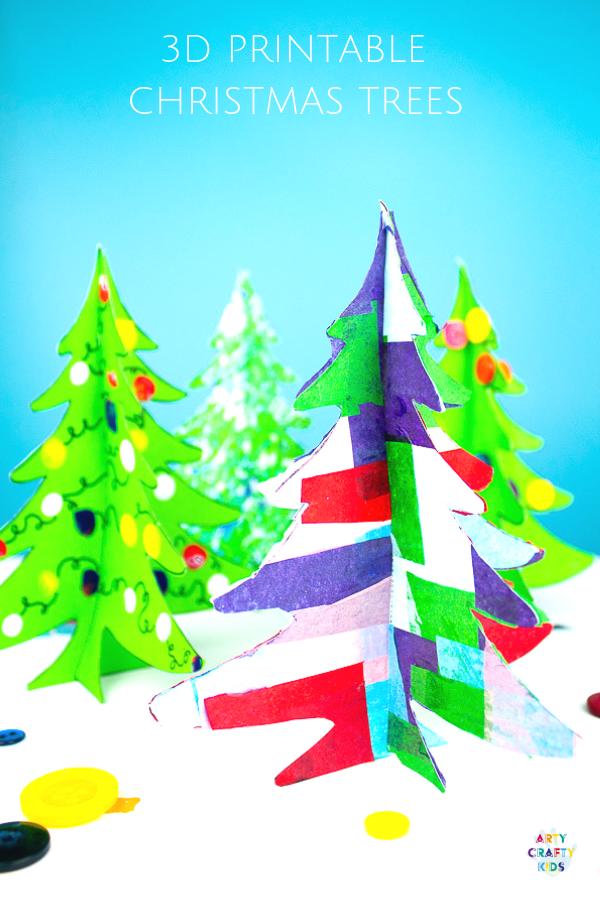 Arty Crafty Kids | 3D Printable Christmas Tree Craft - A fun paper Christmas tree craft for kids. Download, print and decorate with tissue paper, buttons and fingerprints! #printable #christmascraft #kidscrafts #christmas #papercraft #kids