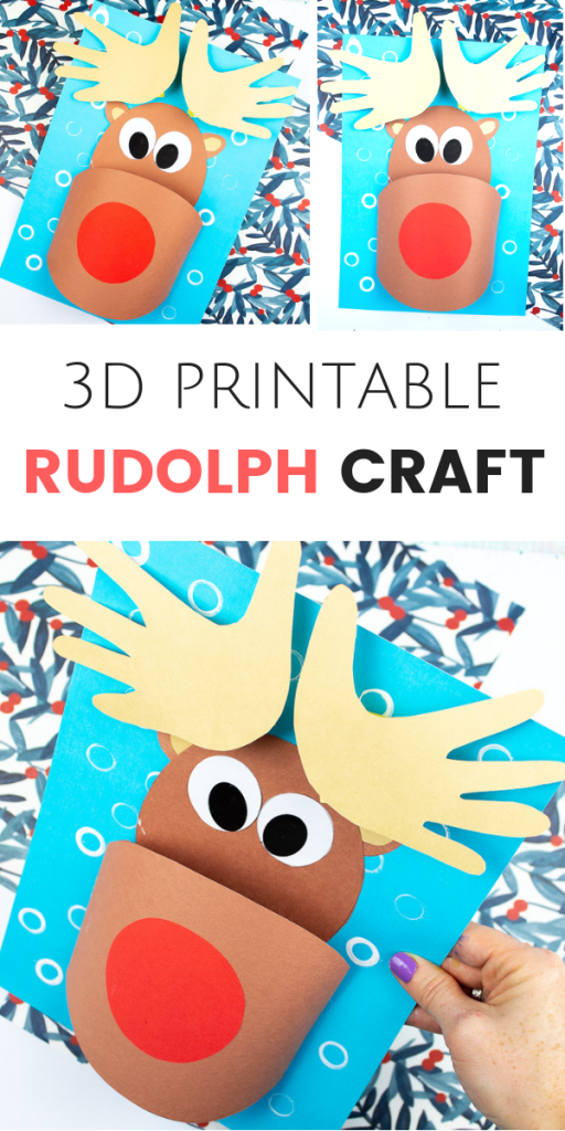Arty Crafty Kids | 3D Printable Rudolph Craft for Kids. Play with shapes and dimension to create a cool 3D Reindeer with bouncy handprint antler! A fun and engaging Christmas craft for kids #christmas #printable #papercraft #christmascrafts #kids #kidscrafts