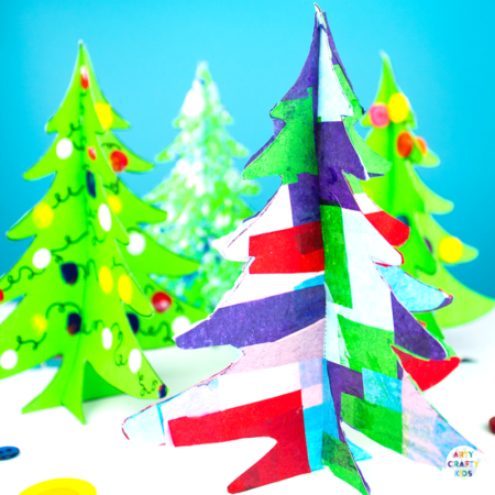 Arty Crafty Kids | 3D Printable Christmas Tree Craft - A fun paper Christmas tree craft for kids. Download, print and decorate with tissue paper, buttons and fingerprints! #printable #christmascraft #kidscrafts #christmas #papercraft #kids