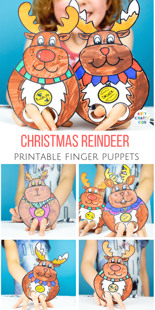 Arty Crafty Kids | Printable Reindeer Finger Puppets - Chose from Rudolf, Vixen, Dasher and Dancer to colour in, cut and play with! Adorable, hand drawn Christmas Reindeer finger puppets for kids #printable #christmas #christmascrafts #kidscrafts