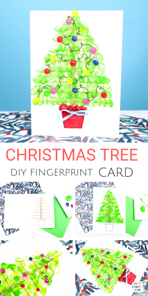 Arty Crafty Kids | Fingerprint Christmas Tree Card - Using the template as a card, kids can add a personal touch to their Christmas Cards by adding their fingerprints to form a Christmas Tree. A simple, beautiful Christmas card idea that kids will love creating #christmascrafts #christmas #papercrafts #kidscrafts #template #printables