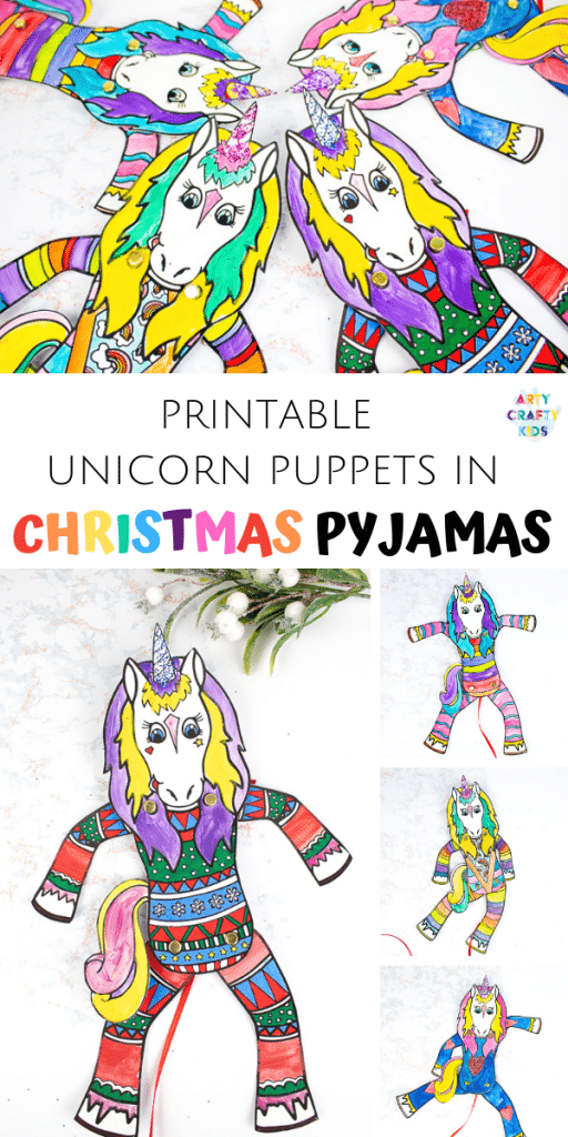 Arty Crafty Kids Printable Unicorn Puppets in Christmas Pyjamas - Have a crafty unicorn pyjama party with these cute printable unicorns! An engaging craft for kids with the option of a 'design your own' free template or three pre-made unicorn in pyjama templates! #unicorns #kidscrafts #craftsforkids #christmas #printable #christmascrafts