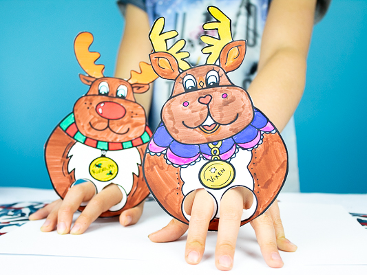 Arty Crafty Kids | Printable Reindeer Finger Puppets - Chose from Rudolf, Vixen, Dasher and Dancer to colour in, cut and play with! Adorable, hand drawn Christmas Reindeer finger puppets for kids #printable #christmas #christmascrafts #kidscrafts