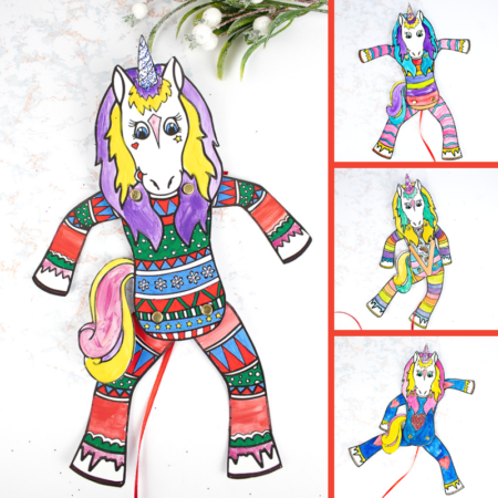 Arty Crafty Kids Printable Unicorn Puppets in Christmas Pyjamas - Have a crafty unicorn pyjama party with these cute printable unicorns! An engaging craft for kids with the option of a 'design your own' free template or three pre-made unicorn in pyjama templates! #unicorns #kidscrafts #craftsforkids #christmas #printable #christmascrafts