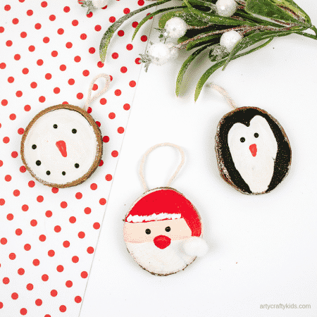 Arty Crafty Kids | How to Make Wood Slice Christmas Ornaments - An easy Christmas Ornament for kids to make. Follow our tutorial to create a Santa Claus, Snowman and Penguin Ornaments #kidscrafts #christmascrafts #kids #christmas