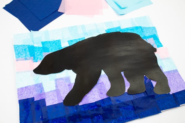Arty Crafty Kids | Polar Bear Winter Art - Download and print the Polar Bear template and add it to a winter backdrop of tissue paper #winterart #artforkids #templates