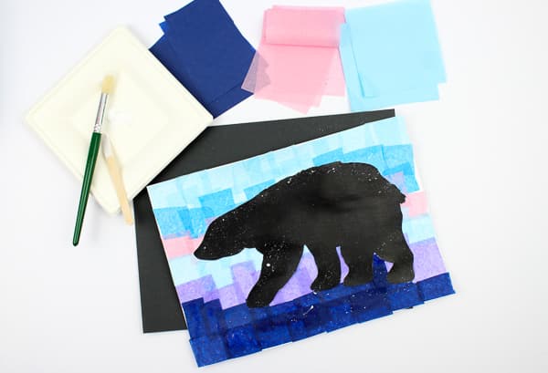 Arty Crafty Kids | Polar Bear Winter Art - Download and print the Polar Bear template and add it to a winter backdrop of tissue paper #winterart #artforkids #templates