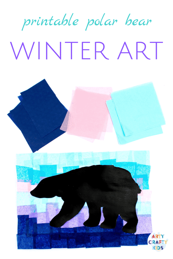 Arty Crafty Kids | Polar Bear Winter Art - Download and print the Polar Bear template and add it to a winter backdrop of tissue paper #winterart #artforkids #templates