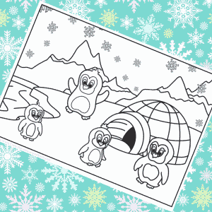 Penguin Family Winter Colouring Page for Kids