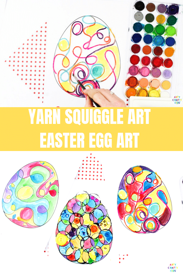 Arty Crafty Kids | Yarn Squiggle Art Easter Egg Activity for kids, with an Easter Egg Template to download and print. #artycraftykids #eastercrafts