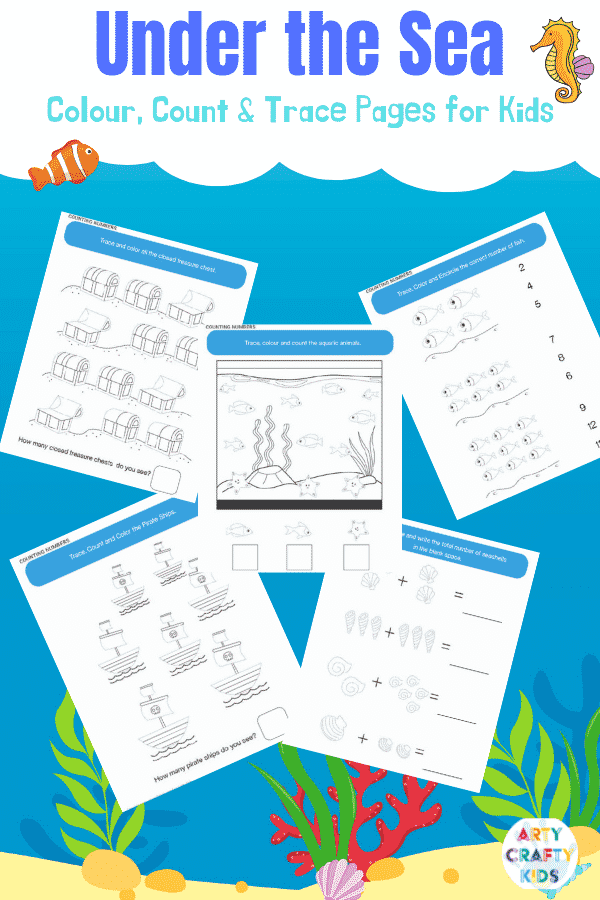 Ocean Coloring Book - Color, count and trace printable pages for kids. Great for counting, simple addition and line work.