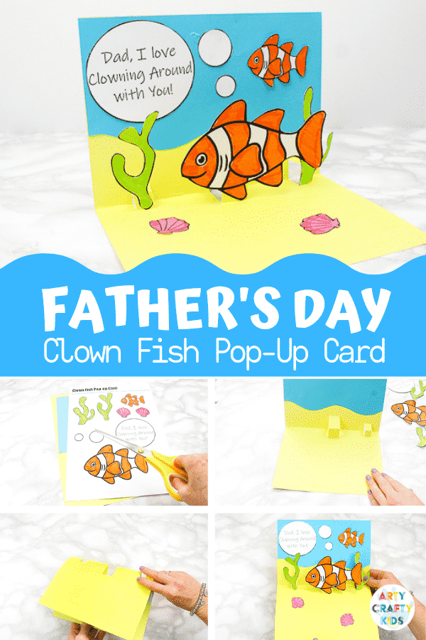 How to make a Clown Fish Fathers Day Pop Up Card - An adorable father's day craft that kids will love making. Download the pop up card template to get started! #artycraftykids #fathersday #kidscrafts