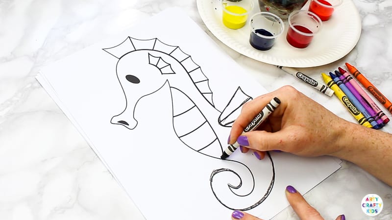 Download the seahorse printable template from the Arty Crafty Kids club.