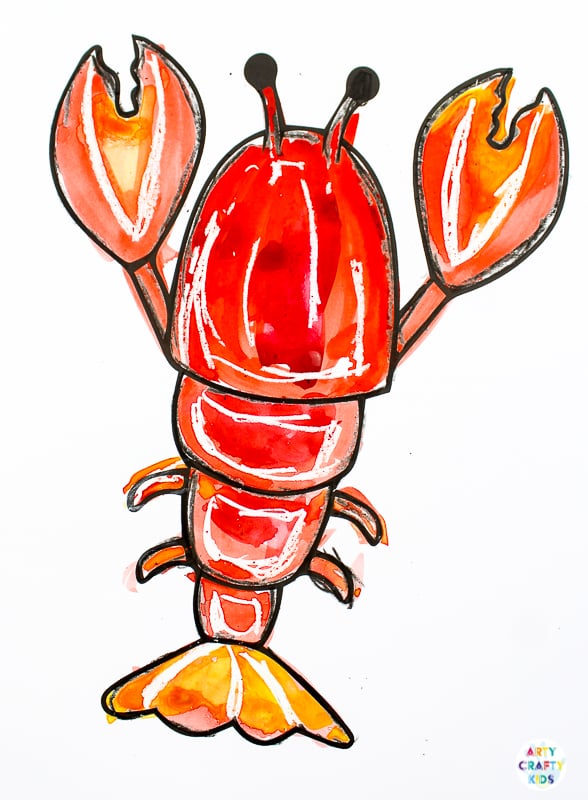 Ocean Animal Watercolor Painting for Kids - Watercolor resist lobster with crayons. A quick and easy art project that kids will love!