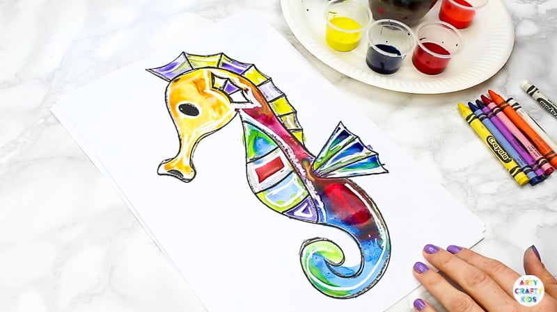 Ocean Animal Watercolor Painting for Kids - Watercolor resist Seahorse with crayons. A quick and easy art project that kids will love!