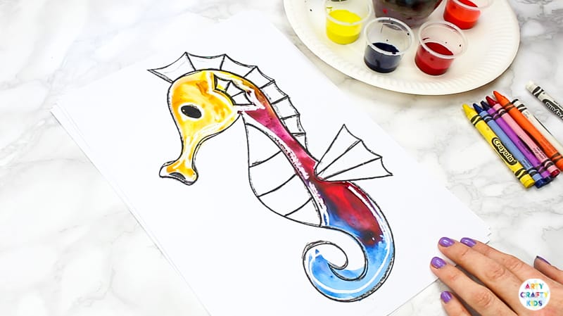 Ocean Animal Watercolor Painting for Kids - Watercolor resist Seahorse with crayons. A quick and easy art project that kids will love!
