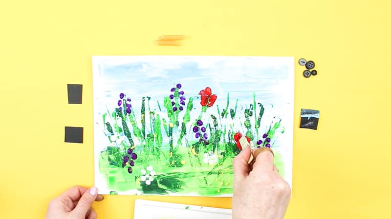How to Paint a Spring Meadow without using a paintbrush - Process-led art for kids using pom-poms.