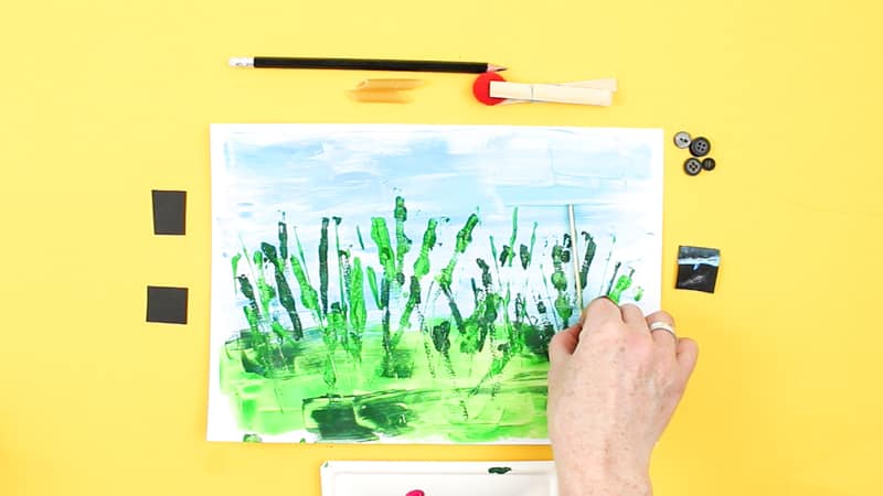 How to Paint a Spring Meadow without using a paintbrush - Process-led art for kids using the a popsicle.