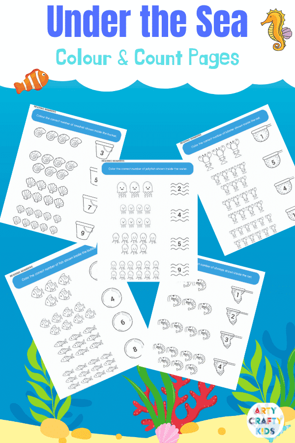 Under the Sea printable activity worksheets - Color and Count Pages for Kids. Simply color the correct number of ocean animals!