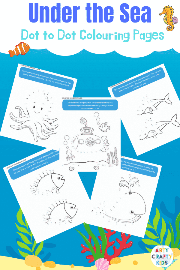 Color and Count with our under the sea dot to dot printable worksheets for kids.