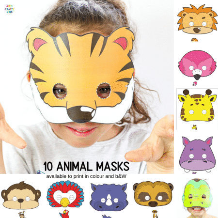 10 Printable Safari Animal Masks for Kids | A super cute collection of animal face masks for kids to colour in and assemble. Great for role-play and an animal themed party! #artycraftykids