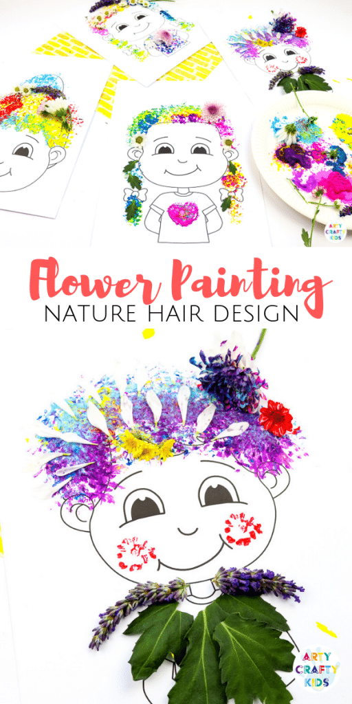 Flower Painting Hair Design - Nature Craft for Kids| A fun and tactile art and craft idea for kids. Use the nature printable templates to create crazy hair styles with flower printing and nature #nature  #naturecrafts #craftsforkids