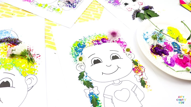 Flower Painting Hair Design - Nature Craft for Kids| A fun and tactile art and craft idea for kids. Use the nature printable templates to create crazy hair styles with flower printing and nature #nature  #naturecrafts #craftsforkids