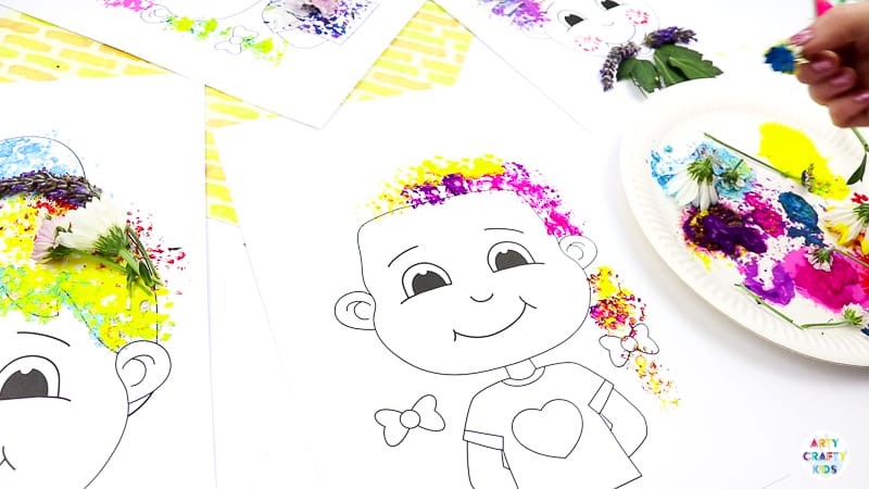 Flower Painting Hair Design - Nature Craft for Kids| A fun and tactile art and craft idea for kids. Use the nature printable templates to create crazy hair styles with flower printing and nature #nature  #naturecrafts #craftsforkids