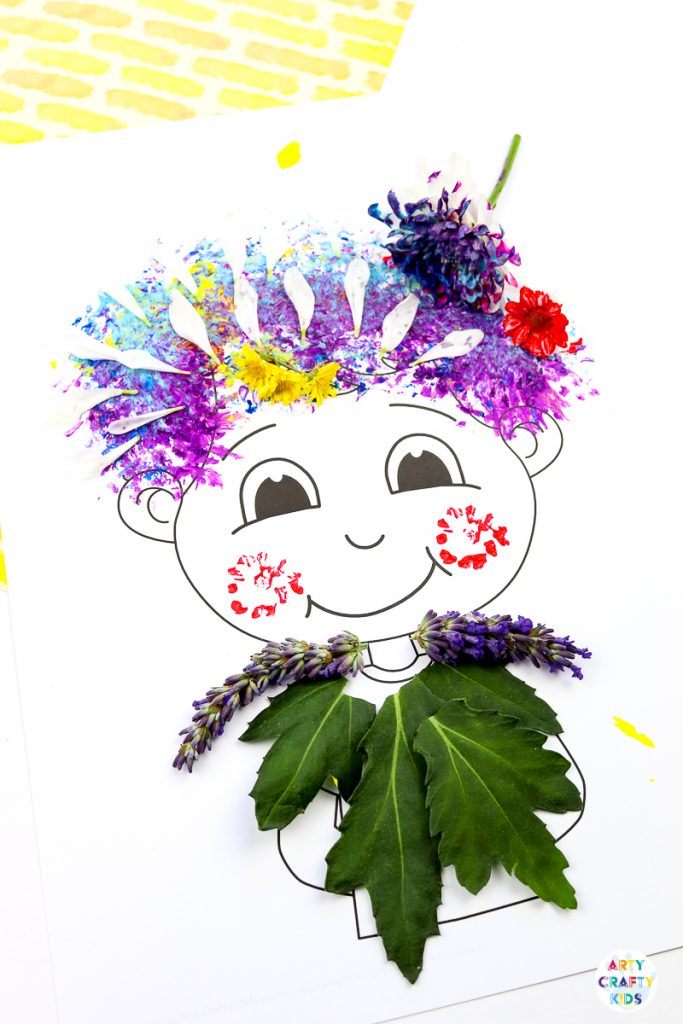 Flower Painting Hair Design - Nature Craft for Kids| A fun and tactile art and craft idea for kids. Use the nature printable templates to create crazy hair styles with flower printing and nature #nature  #naturecrafts #craftsforkids