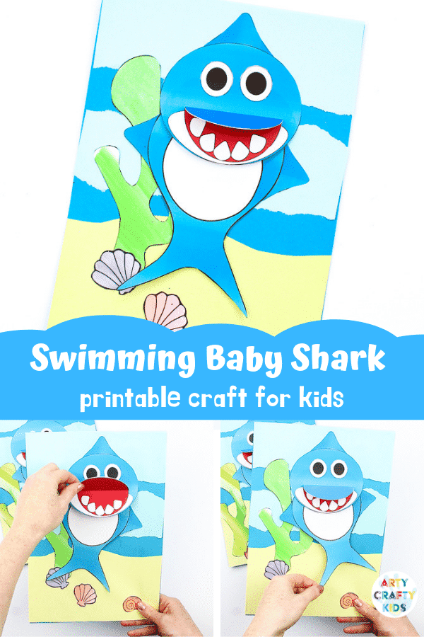 An easy Swimming Baby Shark Craft for kids to make. A great printable shark craft for  Summer and shark week. #artycraftykids #sharkweek #craftsforkids