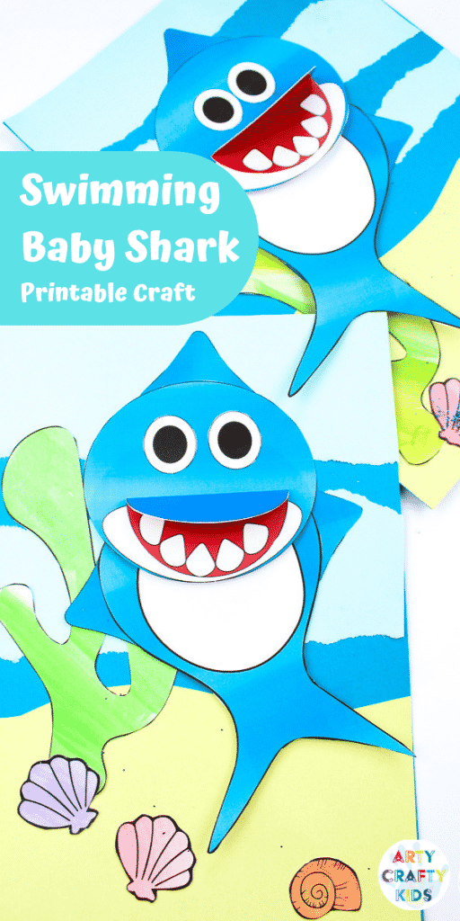 An easy Swimming Baby Shark Craft for kids to make. A great printable shark craft for  Summer and shark week. #artycraftykids #sharkweek #craftsforkids