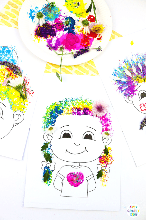 Flower Painting Hair Design - Nature Craft for Kids| A fun and tactile art and craft idea for kids. Use the nature printable templates to create crazy hair styles with flower printing and nature #nature  #naturecrafts #craftsforkids