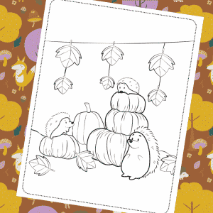 Autumn Hedgehog and Pumpkin Colouring Page