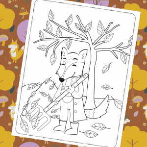 Fox Raking Autumn Leaves Colouring Page