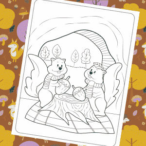Squirrels Dining with Acorns - Autumn Colouring Page