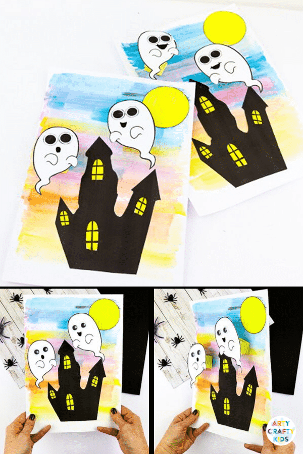 Arty Crafty Kids | Easy Bobble Ghost Halloween Craft for Kids. These playful ghosts will bounce and bobble above their haunted house, creating a fun and engaging paper craft kids will love!