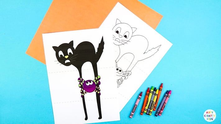 Arty Crafty Kids | Surprise Black Cat Printable Craft  - A fun Halloween craft for kids. Unfold the paper toy to reveal and an eight legged surprise!