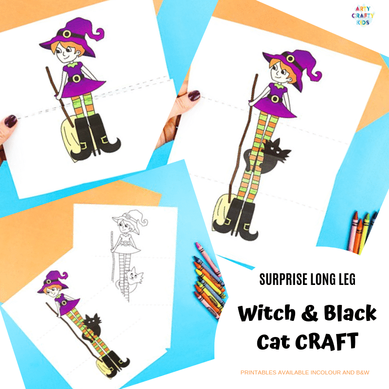 Arty Crafty Kids | Surprise Witch Printable Craft for Halloween. A fun and easy paper toy for kids. Extend the paper the reveal with the witch's best friend.