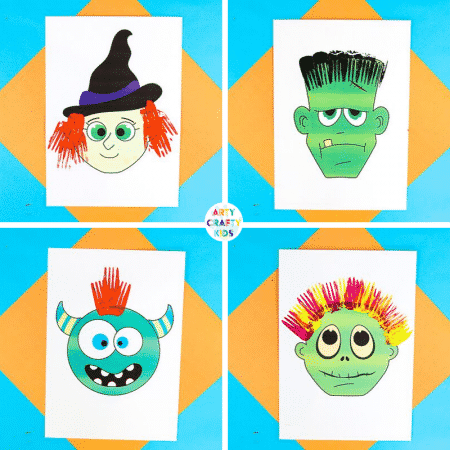 Arty Crafty Kids | Fork Painted Monster Hair - Halloween Crafts for Kids. Children can complete the monster templates (available in colour and black & white) using different painting techniques.